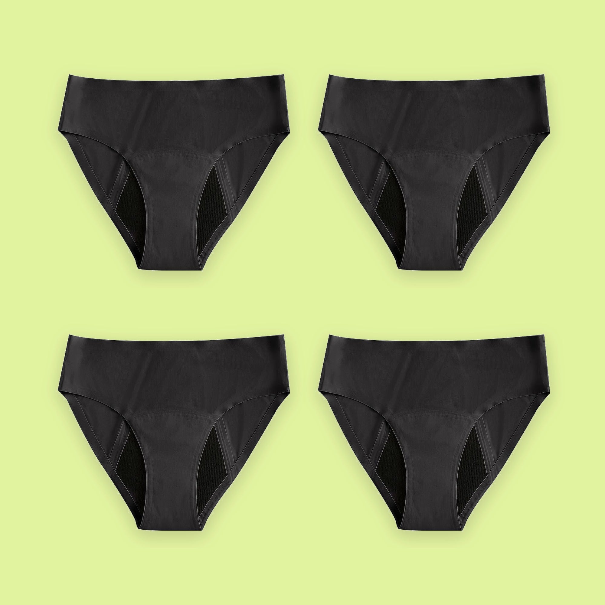 Pack de cuatro braguitas menstruales Apparelle Signature en negro, colocadas en cuadrícula sobre fondo lima