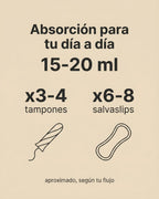 Absorcion 15-20 ml, equivale a 3-4 tampones o 6-8 salvaslips