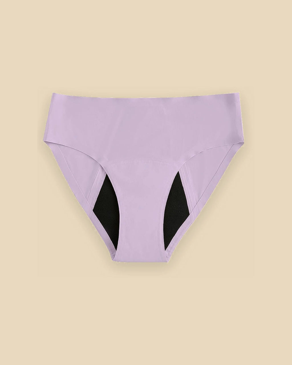 Braguita menstrual Apparelle Signature en lavanda, vista frontal en plano: la zona absorbente negra asoma por las aberturas de la pierna