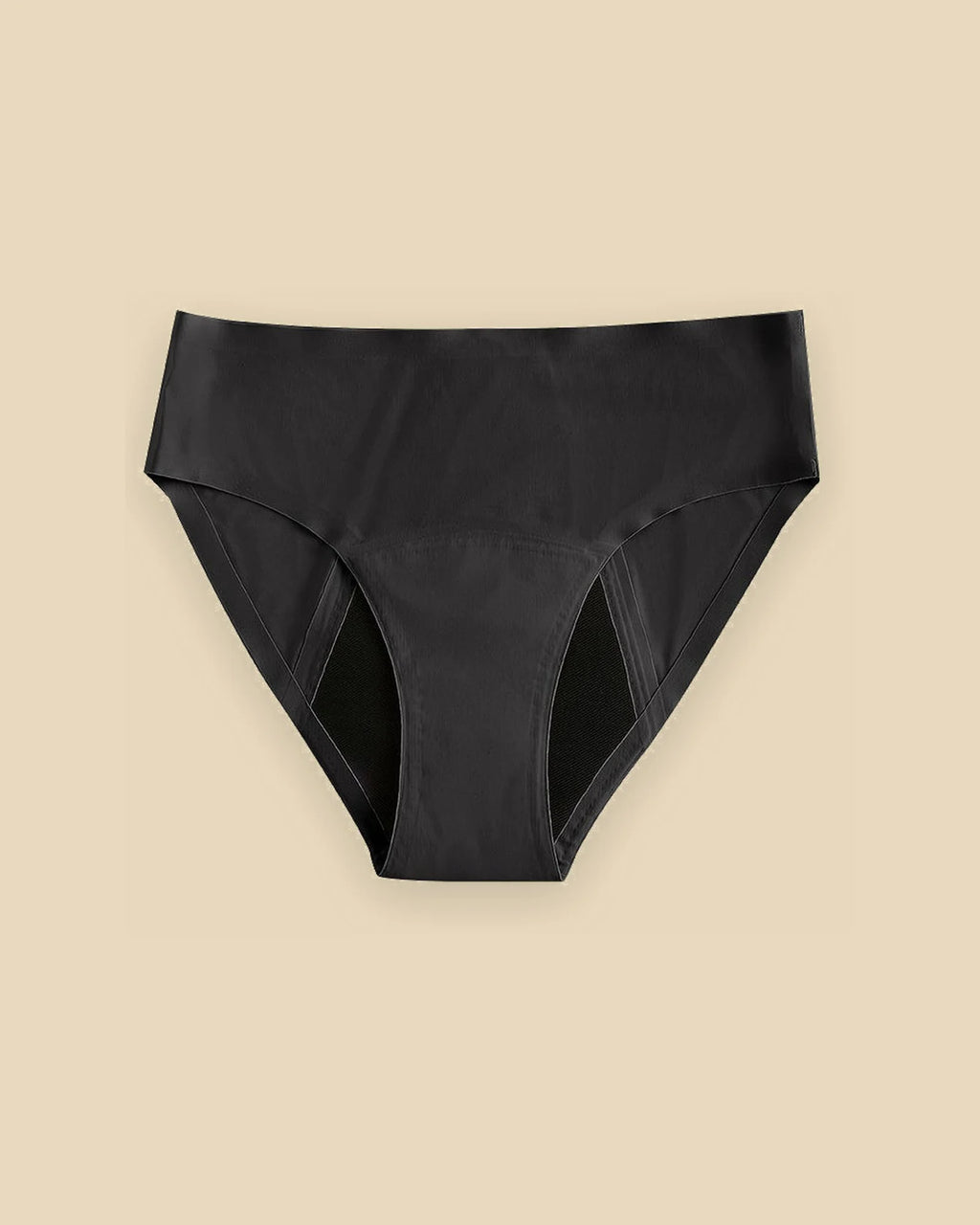 Braguita menstrual Apparelle Signature en negro, vista frontal en plano: la zona absorbente asoma por las aberturas de la pierna